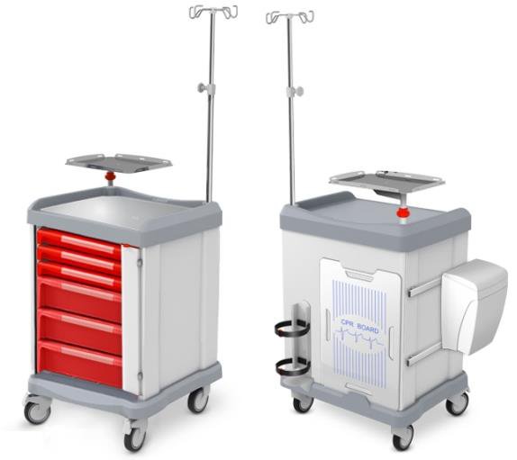 Carro de paro Malvestio Uniko con cajones ISO, tabla de masaje cardiaco y atril porta suero