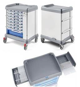 Carro Malvestio Uniko Fly para distribución de medicamentos con bandejas ISO y contenedores