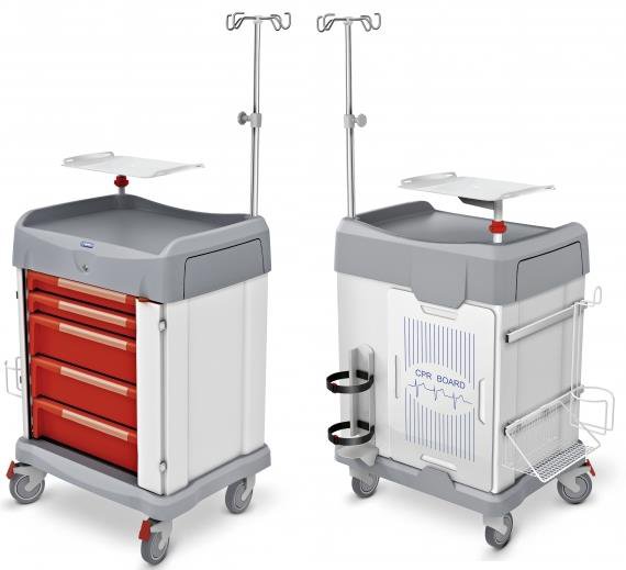Carro de paro Uniko Fly con tabla de masaje cardiaco y mesa para desfibrilador